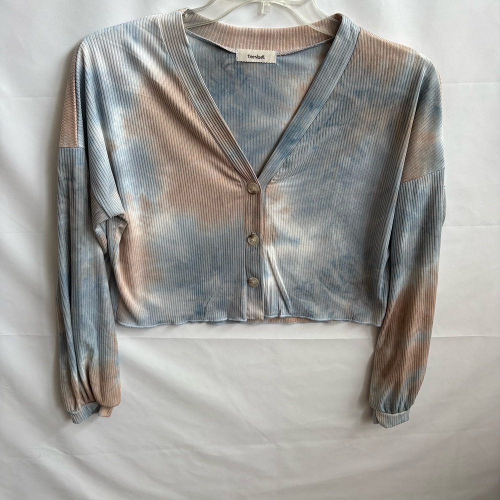 Teenbell Women's Button Down Shirt - Blue and Tan. Size S. Crop 17.5” INV25/287